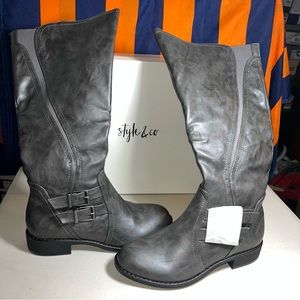 New Style & Co charcoal Knee High Low Heel Side Zipper Two Buckles Tall Boots 7M